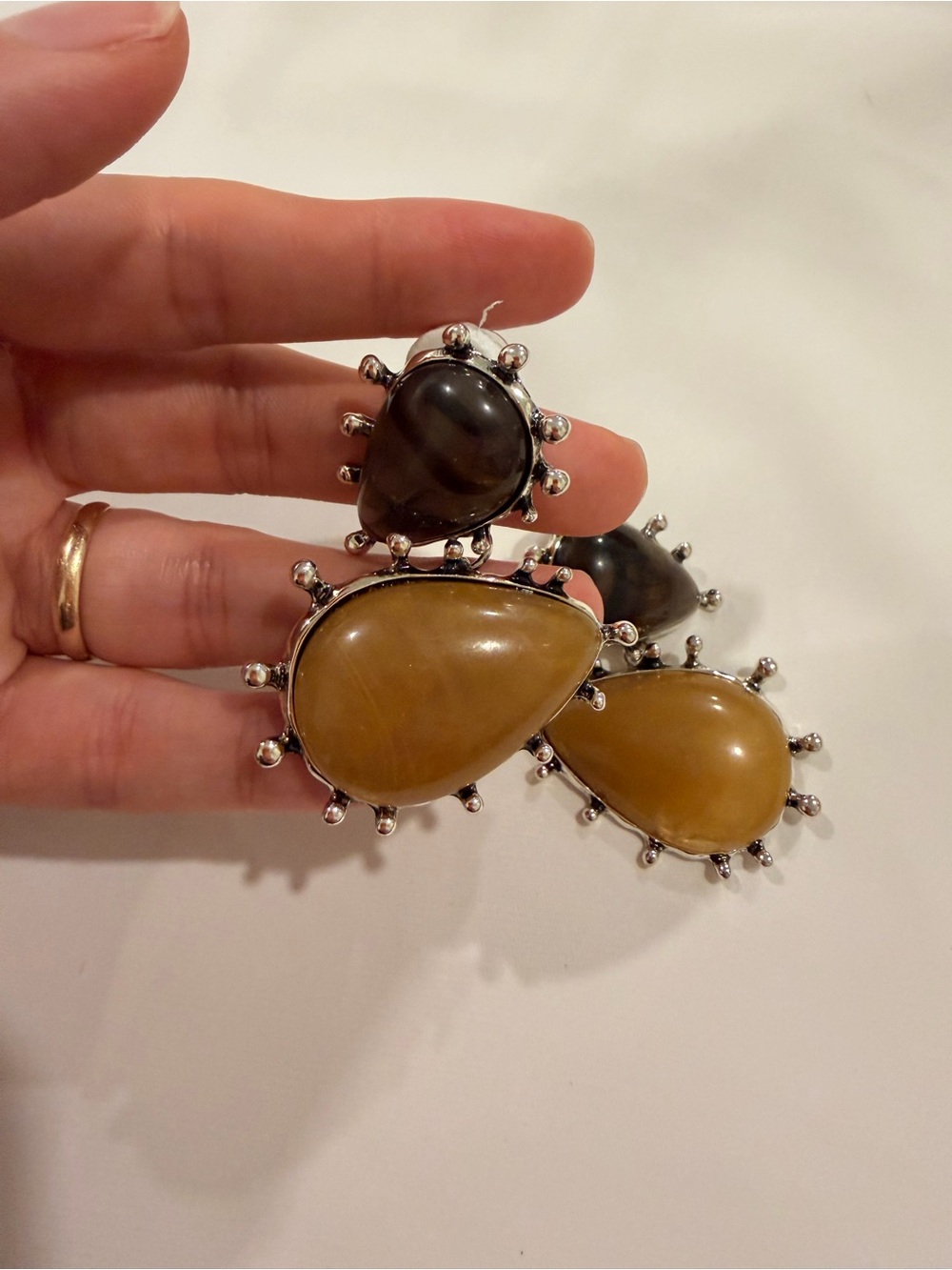 Black and Beige Double Teardrop Earrings - Picture 6 of 7